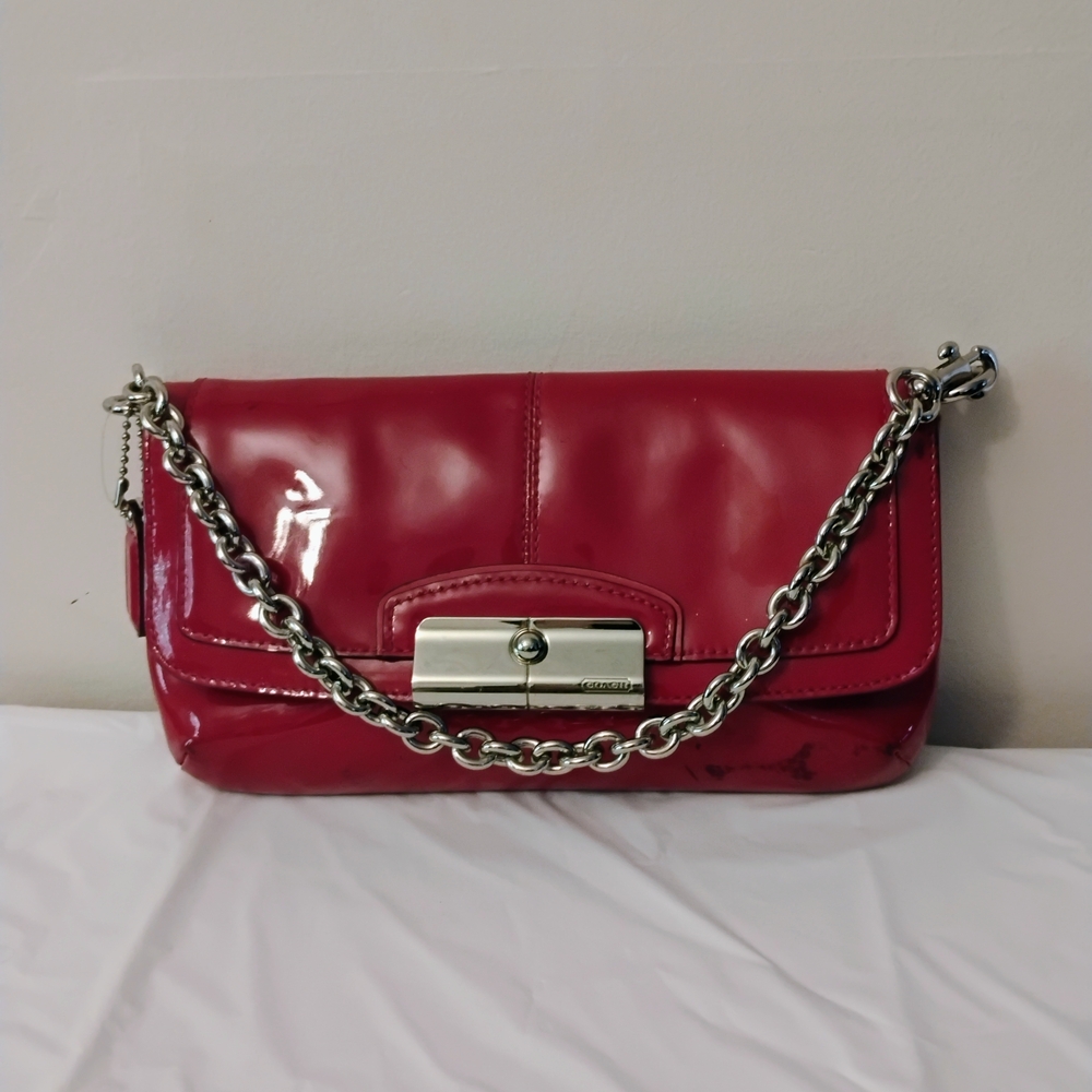 COACH Elegant Red Patent Leather Clutch with Chain Strap - Picture 1 of 11